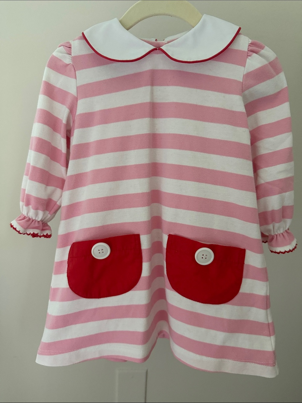 Girls Pink & White Stripe Pocket Dress Pajamas with Red Accents